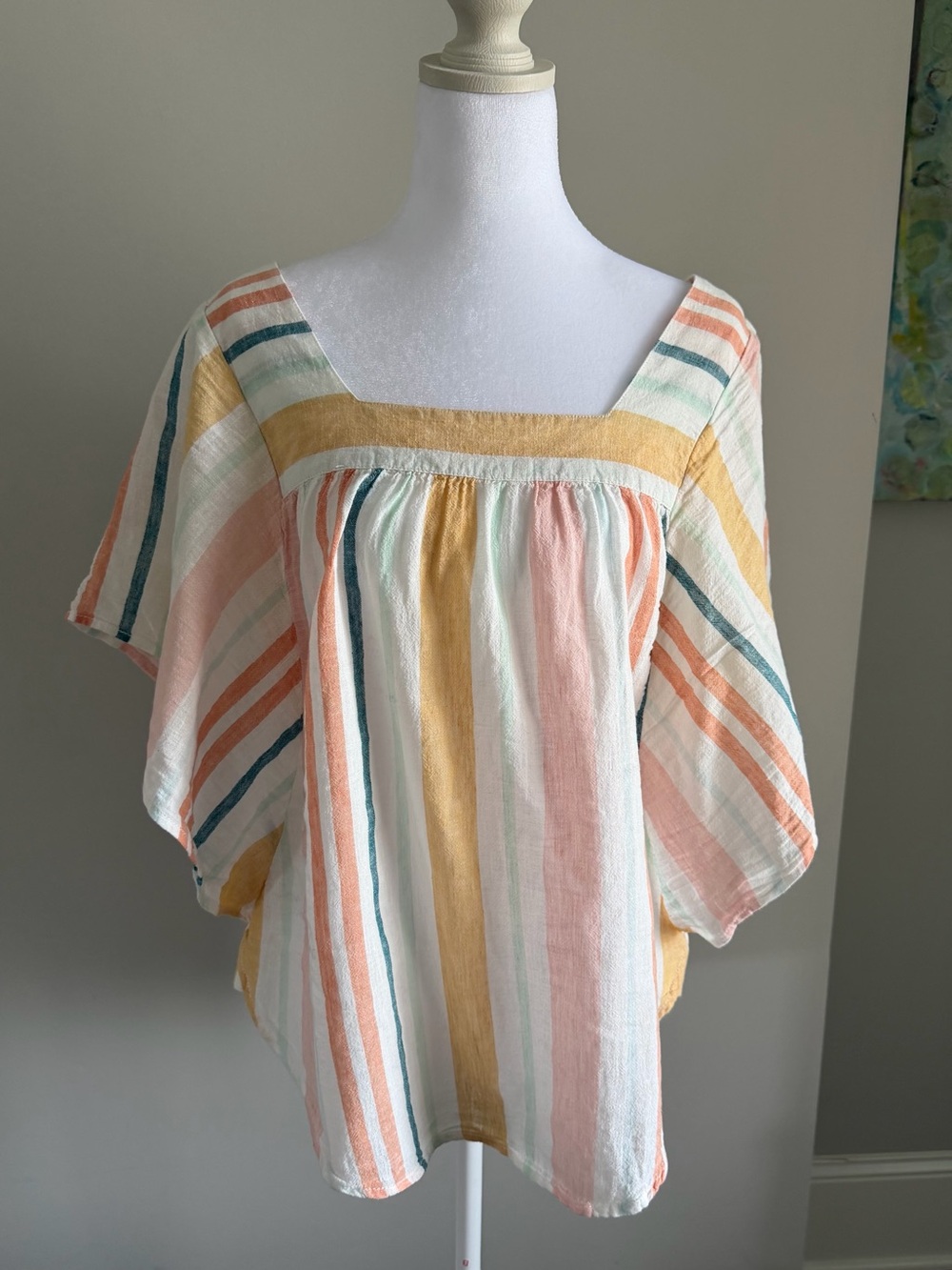 beachlunchlounge Striped Square-Neck Peasant Top in White, Yellow, Pink & Teal